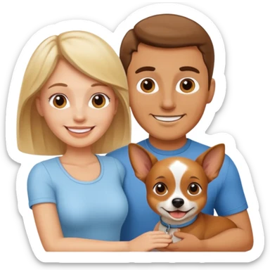Una mujer blanca y un hombre moreno con un perrito sticker