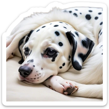 Meme-Worthy Cute Sleeping Spotted Dalmatian Portrait Emoji, Head resting peacefully with a contented smile, showcasing a delightfully majestic build and a luxuriously soft Fur of predominantly white with bold black patches, eyes shut in a serene nap, Simplified yet hilariously adorable features, highly detailed, glowing with a soft, drowsy light, high shine, relaxed and utterly lovable, stylized with an air of playful laziness, bright and heartwarming, soft glowing outline, capturing the essence of a comically sleepy guardian, so meme-worthy it feels like it could instantly become the next viral sensation of adorable slumber! sticker