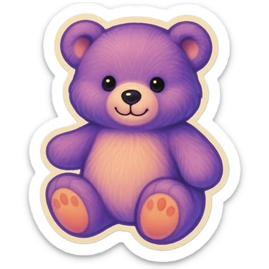 Remove the glitter effect from the purple and white teddy bear's fur, keep it soft and plush, no shadows, flat lighting, no background. sticker