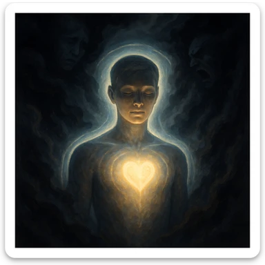 Symbolic depiction of a semi-realistic human figure surrounded by dark, heavy emotional forces like shadows, smoke, or storm clouds. The body glows softly with a protective light or energy shield, especially around the heart and head. The figure has a calm, focused expression showing inner strength. Background includes subtle anxiety, sadness, or anger trying to reach the person but being deflected. Conceptual, spiritual and emotional healing theme with ethereal light and dark-vs-light contrast, rendered in 4K resolution. sticker