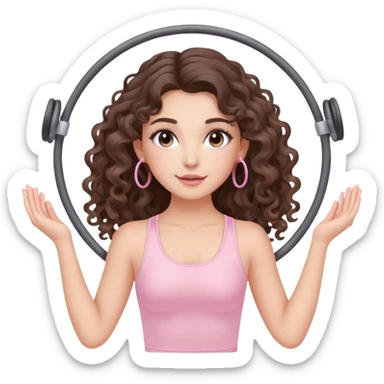 cute balayage brunette long hair curly/wavy haired girl, hoop earrings, clean girl makeup DOING pilates EXERCISE with a cute pastel pink set sticker