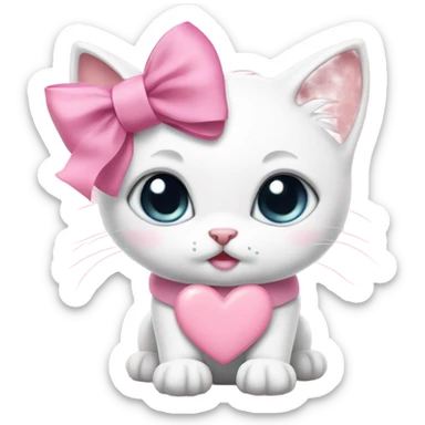 white kitten wearing pink collar with heart shaped bow and a pink ribbon bow on her head sticker