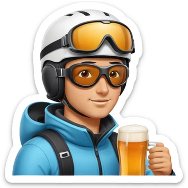 After-ski, a skier, wearing modern skiing goggles on his ski helmet, drinking beer sticker