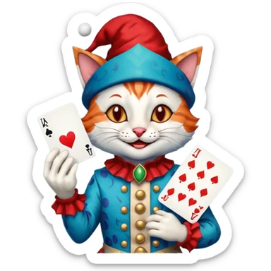 crazy colorful cute little cat jolly joker from poker, medieval, vintage, court jester, mac os icon, blue color, holds a single poker card on the right paw sticker