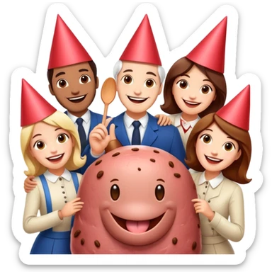 artists welcoming guests at a French  spam meat exhibition  sticker