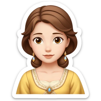 Cinematic Serene Belle Portrait Emoji, rendered in a simplified vector style. Depict a gentle Belle (chest and above) with fair, glowing skin, softly cascading brown hair, and a calm, inviting expression, dressed in her traditional village dress. The image exudes a soft, luminous glow and is outlined with a subtle, warm light. sticker