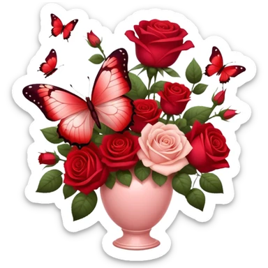 Ethereal butterfly with Crimson and Burgundy wings resting on a Scarlet bouquet of Roses in a Soft Blush color vase, surrounded by a dreamy red-hued ambiance. sticker
