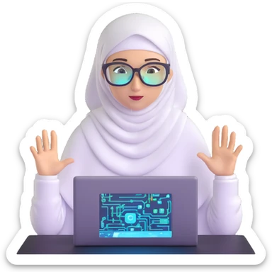 computer engineer with white hijab actively coding and building in the metaverse, hands manipulating holographic code, creating virtual structures, programming digital environments, surrounded by her code creations coming to life, AR glasses on sticker