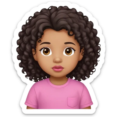 light brown skin tone, very adorable toddler, with big plump lips, long long lashes, black curly long hair, brown eyes, pink shirt sticker