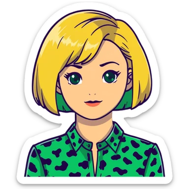 A blonde woman with green eyes and a bob haircut, wearing a green leopard print blouse sticker