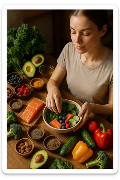A realistic, cinematic flat-lay image of a clean wooden kitchen table filled with fresh, colorful whole foods known to help reduce androgen excess naturally. The table includes leafy greens like spinach and kale, avocados, berries, colorful vegetables, nuts, seeds (chia and flaxseeds), wild-caught salmon, and herbal teas, carefully arranged in an aesthetically pleasing, organized manner. A small glass bowl with olive oil and another with turmeric powder are included, emphasizing anti-inflammatory properties. In the scene, a young woman with clear, healthy skin and a calm expression is preparing a bowl with these ingredients, symbolizing a hormone-balancing diet. Warm, natural daylight streams in, creating a cozy and inviting atmosphere. The style is hyper-realistic 35mm photography, with vibrant yet soft colors, showcasing textures of the fresh produce and the peaceful vibe of using nutrition to support hormonal balance sticker