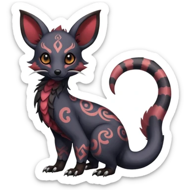 Rare warm-colored exotic cute epic aesthetic gothic colorful Salandit-Eevee-Civet-species-Fakemon-hybrid-creature, with intricate tattoo markings, full body sticker
