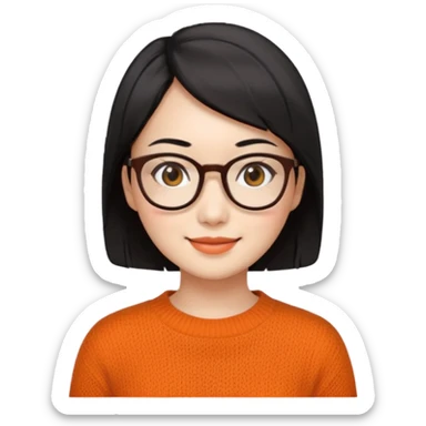 Korean 35-year-old female online marketer / white face / smiling expression / short hair / intellectual look / black hair / orange knit / brown glasses sticker
