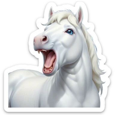 Cinematic Cute Yawning White Horse Portrait Emoji, Head tilted slightly with a dramatic, wide-open yawn, revealing a soft white fur with a subtle shimmer, floppy ears slightly drooping, round blue eyes barely open in drowsy contentment, Simplified yet irresistibly adorable features, highly detailed, glowing with a soft, cozy glow, high shine, relaxed yet expressive, stylized with a touch of whimsy, bright and endearing, soft glowing outline, capturing the essence of a sleepy yet affectionate horse, so drowsy it feels like it could stretch out of the screen and curl up for a nap! sticker