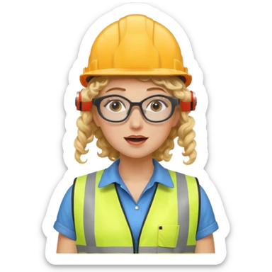 surprised construction worker blond curly haired woman wearing ppe sticker