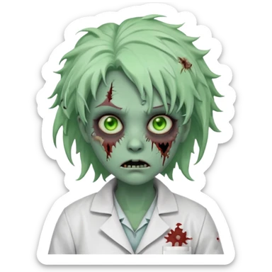 zombie scientist woman portrait, head and shoulders only, torn lab coat collar, pale green skin, stitched face details, glowing eerie eyes, messy hair, creepy but cute cartoon style, 3D cartoon, mobile game icon style, clean background, no text, no watermark
 sticker