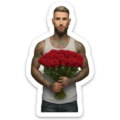 Hyper Realistic handsome tattooed man holding a bouquet of roses sticker