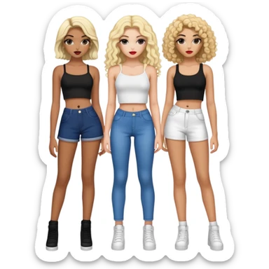 Full body of two teenage girls standing together, one white with straight blonde hair and one brown-skinned with curly black hair, both with heavy makeup, big lips, crop tops and choni style clothing sticker