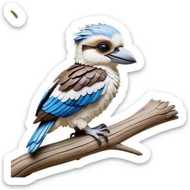 cinematic-kookaburra-realistic-full-body-perched-emoji,-compact-sturdy-frame-balanced-on-a-weathered-branch,-blue-and-white-feathered-wings-folded-neatly,-bold-striped-face-with-a-mischievous-glint-in-its-eye,-massive-sharp-beak-slightly-open-as-if-ready-to-laugh,-simplified-yet-realistic-focused-features,-highly-detailed,-glowing-with-a-warm-golden-light sticker
