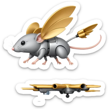 A mouse combined with a military drone, with mechanical wings and a determined expression, flying through the city sticker