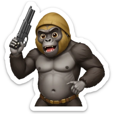 A gorilla holding a gun in the air making a silly face sticker