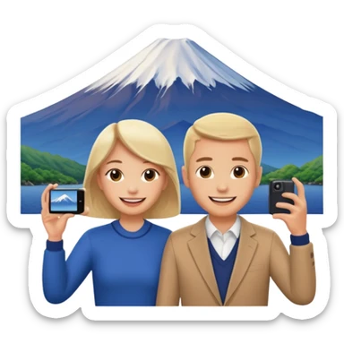 A couple of white people vacationing in Japan, taking a photo with Mount Fuji in the background sticker