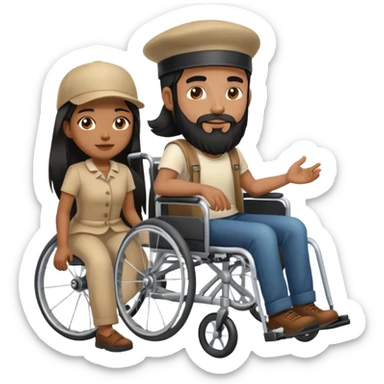 Beige skin man with a beard and cap in a wheelchair and a brown skin woman with long black hair in a wheelchair  sticker