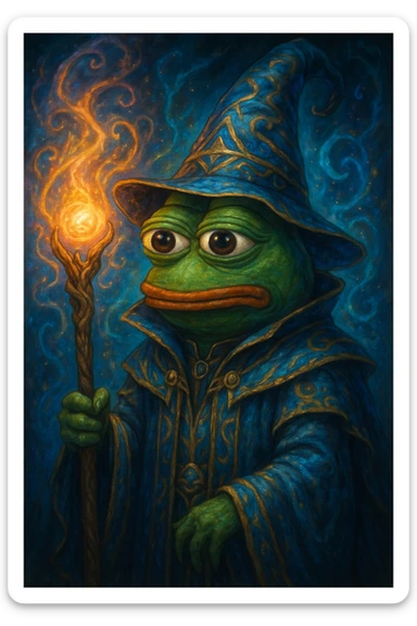 Pepe the Frog as a fantasy wizard, glowing staff, magical aura sticker
