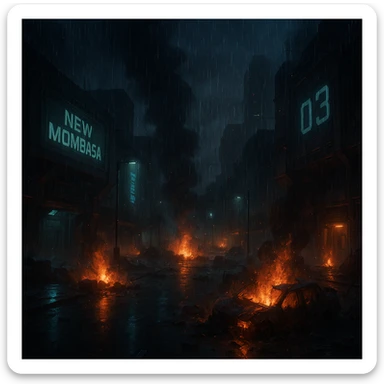 Night time streets of New Mombasa from ODST. "Mombasa Streets"  dying battle flames and smoke rise amongst pouring rain sticker