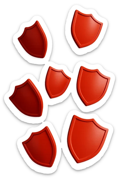 6 scudi 3d rossi che simboleggiano "difesa e protezione", cadono dall'alto casualmente, realistici in 3d, iperrealistico 4k sticker