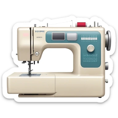 Create an icon that represents the hobby of sewing clothing using patterns and templates. The design should feature a sewing machine, fabric, sewing patterns, and templates. Include visible markings on the fabric that align with the patterns, showcasing the process of cutting and sewing. A piece of clothing in progress, such as a dress or shirt, should be visible, reflecting the creative and detailed nature of garment making. The composition should be well-balanced, with a clean and harmonious design. The background should be transparent. sticker