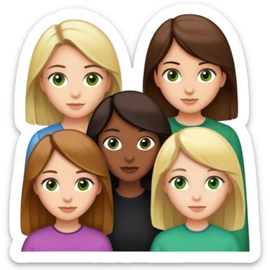 5 friends (1 girl Dark brown hair and brown eyes, 1 girl blonde green eyes, 1 girl black hair brown eyes, 2 girl twins light brown hair and hazel eyes) sticker