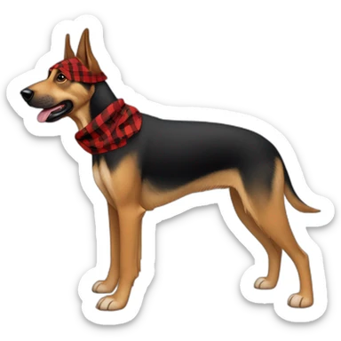 75% Coonhound 25% German Shepherd mix dog wearing small pointed red buffalo plaid bandana pointing down side view full body facing left sticker