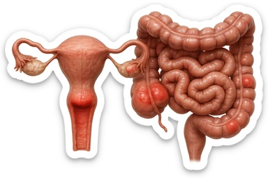 utero umano anatomico iperrealistico e intestino umano anatomico iperrealistico hanno in comune il dolore e l'infiammazione, rendi bene il collegamento tra i due organi doloranti, falla iperrealistica, non disegnata sticker