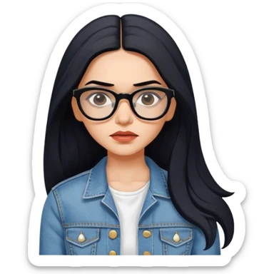 generate a pretty bratz emoji 
Make her wear a white dress with a denim jacket over it.long  black hair in a side part 

She should look exactly  like Deepika padukone! wearing tiny rectangular spectacle, looking sad sticker