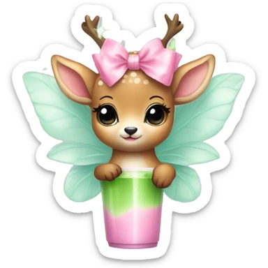 baby deer with fairy wings and a pink bow around its neck drinking iced matcha latte  sticker