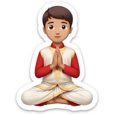 Full body Bengali boy wearing traditional red kurti and white dhoti with hands joined in prayer position sticker