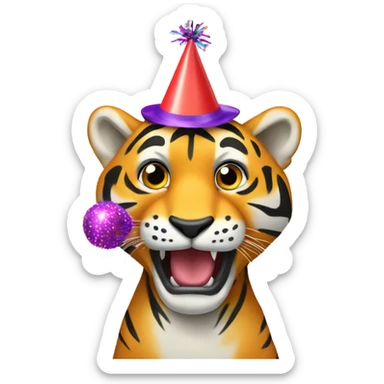 Party Tiger with a party hat and a party popper sticker