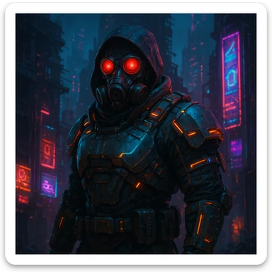 futuristic soldier in a gas mask, red glowing eyes, cyberpunk post-apocalyptic vibe sticker