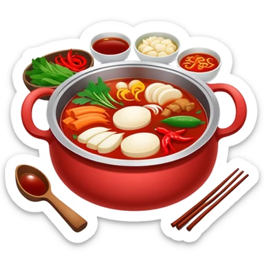 Sichuan Hot Pot with spicy red broth and ingredients, simplified emoji style with bold outlines and bright colors, cartoon style traditional Chinese divided hot pot sticker