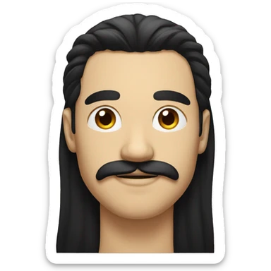 he has got long black hair and he has got mustache sticker