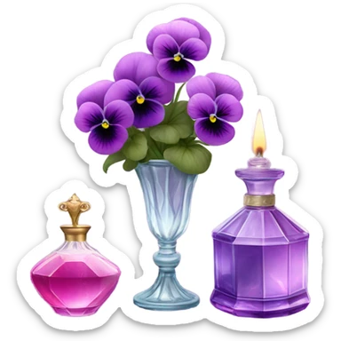 A pink aesthetic still-life: a decorative candle in a glass jar, violet pansies in a crystal vase, and an ornate purple perfume bottle sticker