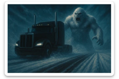 Edit the image to make the semi truck black and place the abominable snowman in front of the semi truck, keeping the same style and scene as the original. sticker
