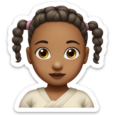 Baby girl with her hair tied up in a bun and she has white skin sticker