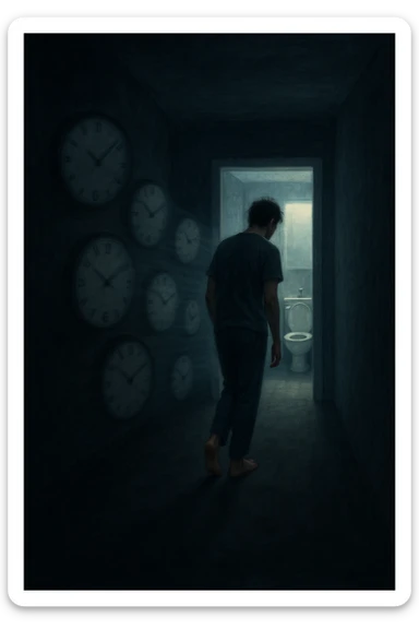 In una scena notturna onirica, un uomo cammina a piedi nudi in un corridoio buio verso un bagno illuminato, ripetutamente. Dietro di lui, come in una scia, ci sono orologi sfocati che simboleggiano il sonno interrotto. Ogni passo è lento, stanco, come se il corpo chiedesse riposo ma la vescica non lo permettesse. sticker