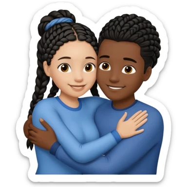 Dark black girl with black braids and dark tan white boy with curvy straight brown hair, they are hugging and smiling, and touching each other with their hands sticker