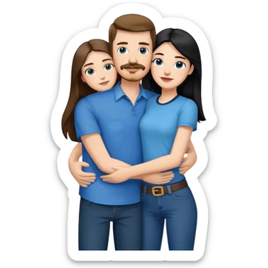 tall white guy with brown hair goatee mustache wearing blue shirt and black jeans hugging a shorter white girl with long black hair with blue jeans and white shirt sticker