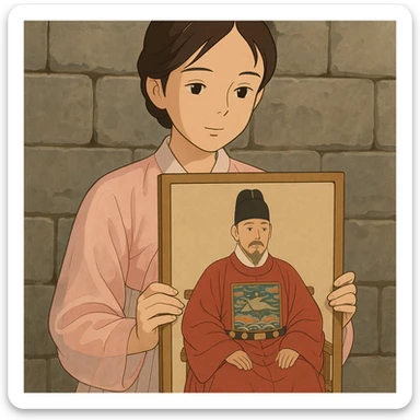 a young woman in a pale pink sheer hanbok holding a traditional Korean portrait in front of a grey stone wall, focus on traditional Korean art details in the portrait, ghibli style sticker