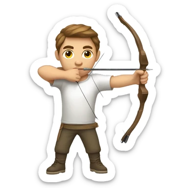 a male archer aiming with a bow looking at his target, wearing a tshirt, brown hair, bright skin, sticker