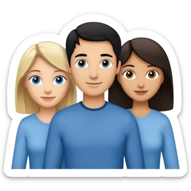 Blond woman blue eyes on left. Man with black hair and greye eye in the middle. Brown hair woman with greye eyes on the right. Happy together sticker
